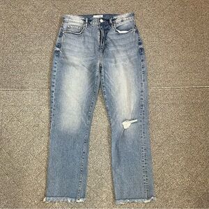 LOFT The Straight Crop Jeans Size 26/2 Blue Denim Distressed Fringe Raw Hems